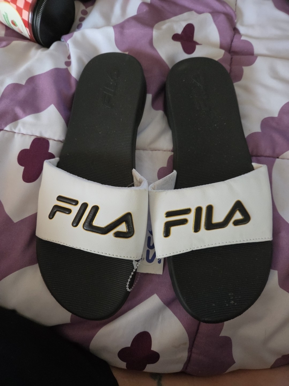 Fila White and Black Slide Sandals with Black Logo